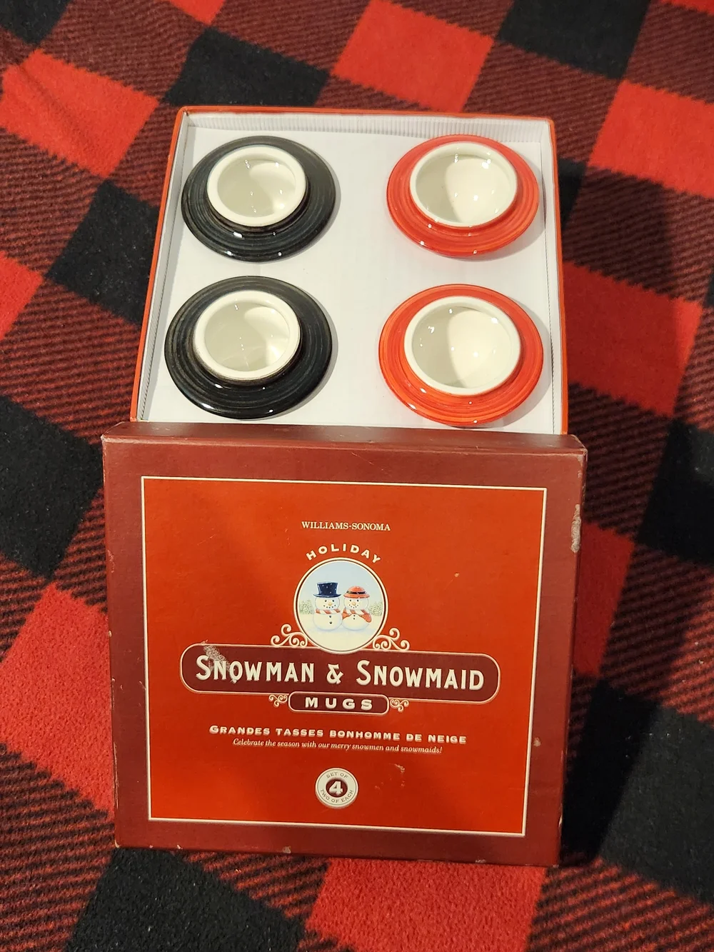 Williams Sonoma Holiday Snowman & Snowmaid Red Mug Set